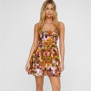 Nasty Gal Grunge Floral Lace Up Back Skater Mini Dress Khaki NWOT size 8